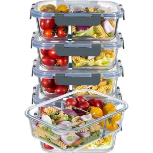 5-Pack 36 OZ Glass Storage Containers with Lids - 2 Compartment Meal Prep Set, Airtight Glass Lunch Containers, Microwave, Oven, Freezer & Dishwasher Safe, Gray