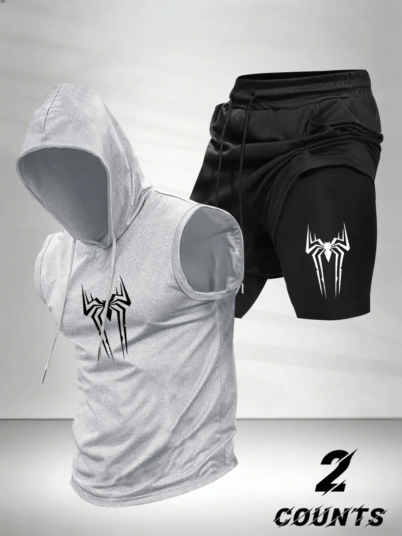 Men's Fashion 2-Piece Set, Spider Print Hooded Sleeveless Vest Top and Drawstring Waist Basketball Shorts, Casual Comfort Active Outfits Sportswear Gift, Summer Sportswear