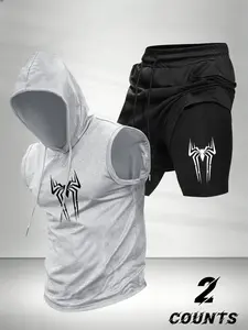Men's Fashion 2-Piece Set, Spider Print Hooded Sleeveless Vest Top and Drawstring Waist Basketball Shorts, Casual Comfort Gift
