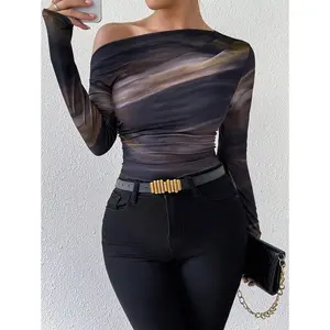 Women’s long-sleeve graphic tee with marble gradient print, asymmetric neckline, pleats, and a graphic design—ideal for spring outfits and autumn wear.