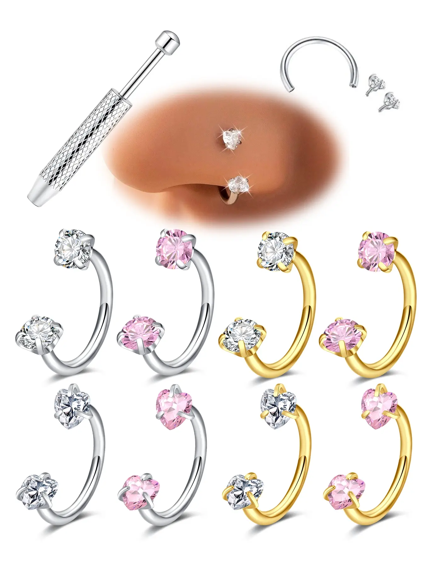 Unisex Stainless Steel Nose Ring, Cute Heart Zirconia Design, Inner Threaded, Includes Tools, Fashion Jewelry, Chic Body Jewelry for All Seasons, Cubic Zirconia, Nose Piercing Jewelry