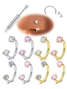 Unisex Stainless Steel Nose Ring, Cute Heart Zirconia Design, Inner Threaded, Includes Tools, Fashion Jewelry for All Seasons, Cubic Zirconia, Nose Piercing Jewelry