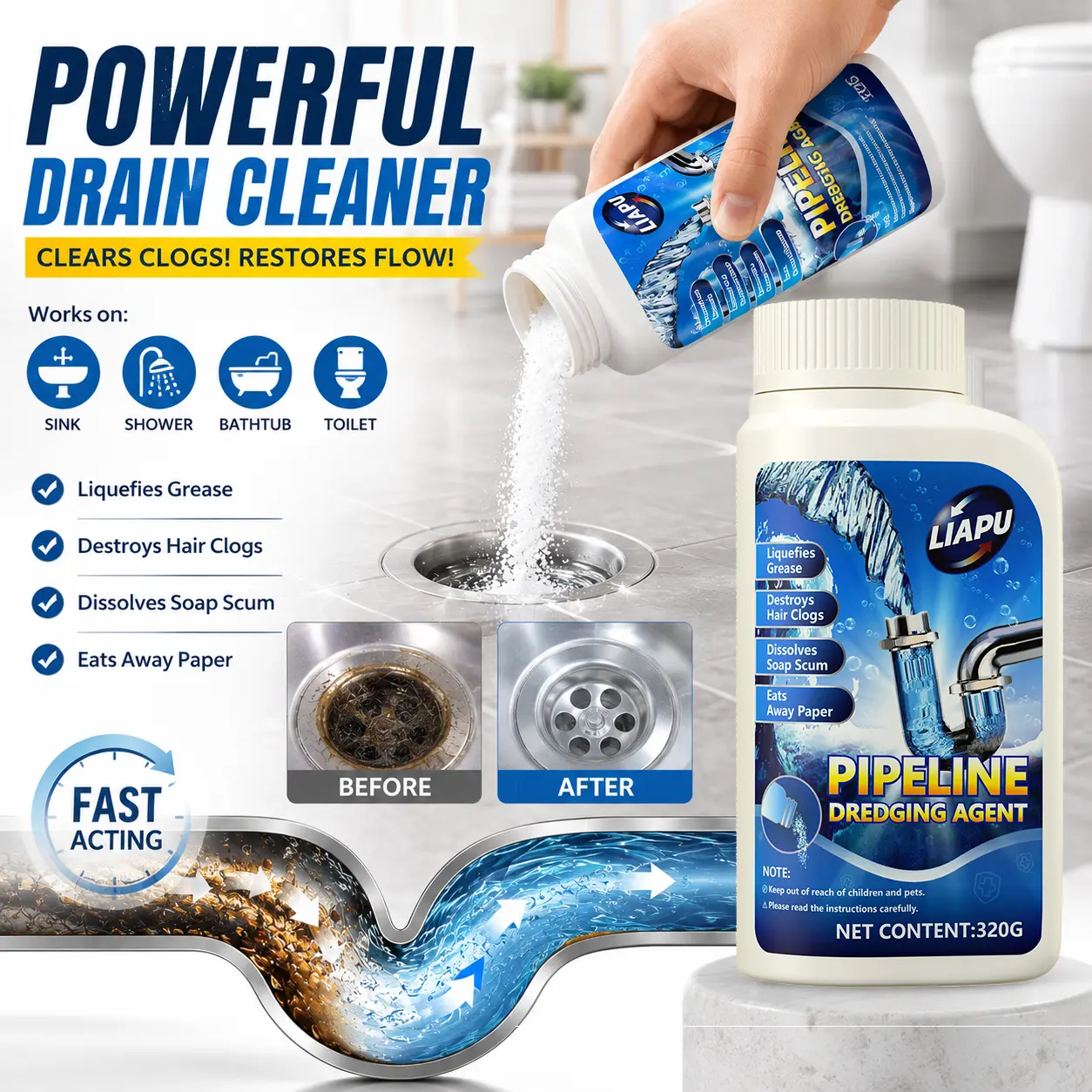 LIAPU Drain Cleaner Powder for Hair & Grease Clogs, Powerful Pipe Cleaner for Bathroom, Kitchen Sink & Shower Drains