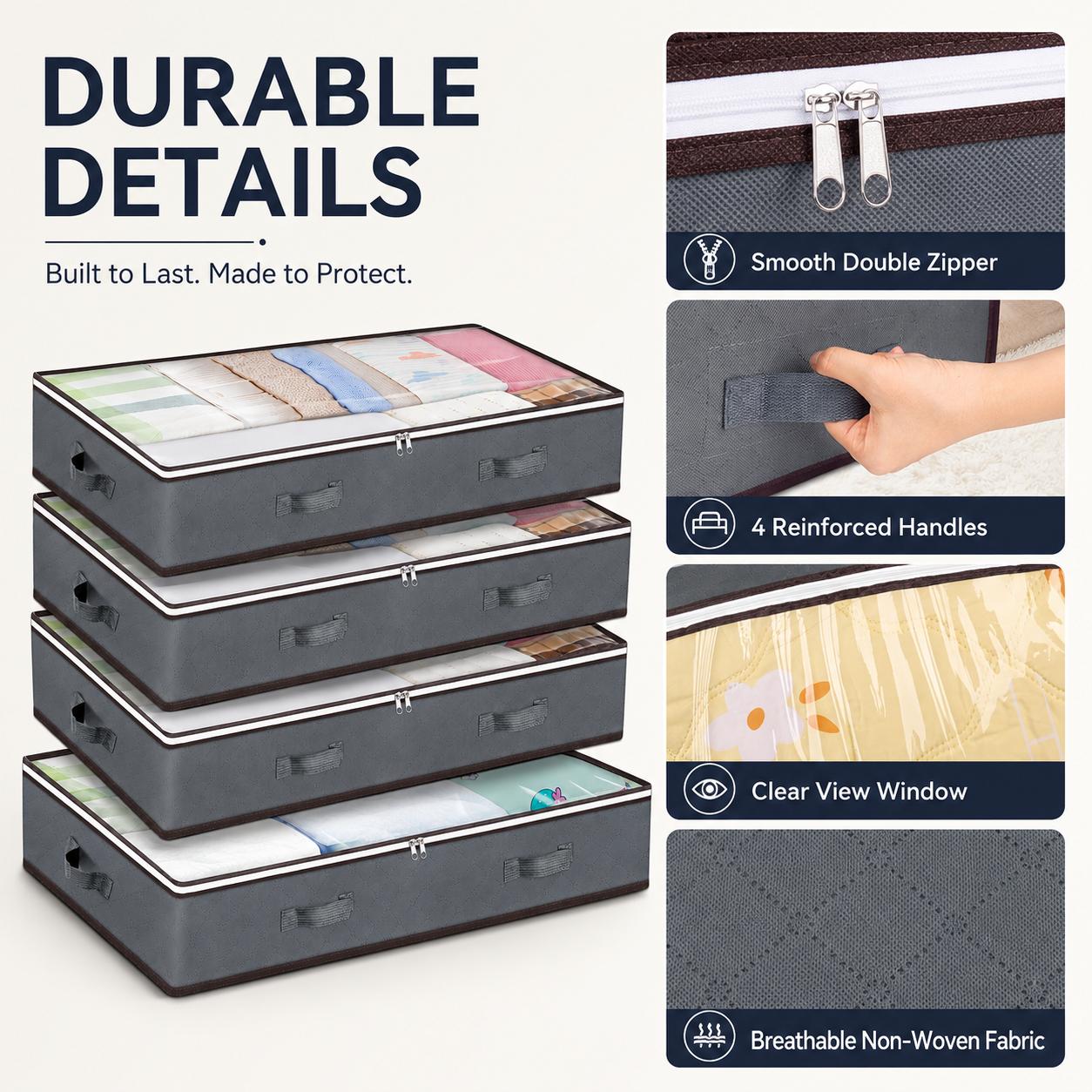 UNIQDESIGN Minimalist 90L Under Bed Storage Containers, 2-Pack Grey Travel Organizers with Visible Transparent Top Lids, Full Zip Closure for Student Clothes, Window Nook Organization