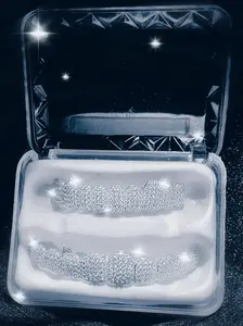 Hip Hop Grillz 2 Pcs Set, Iced Out Zircon Full Coverage Teeth Caps, Silver Rapper Style Mouth Jewelry for Party, Club & Performance