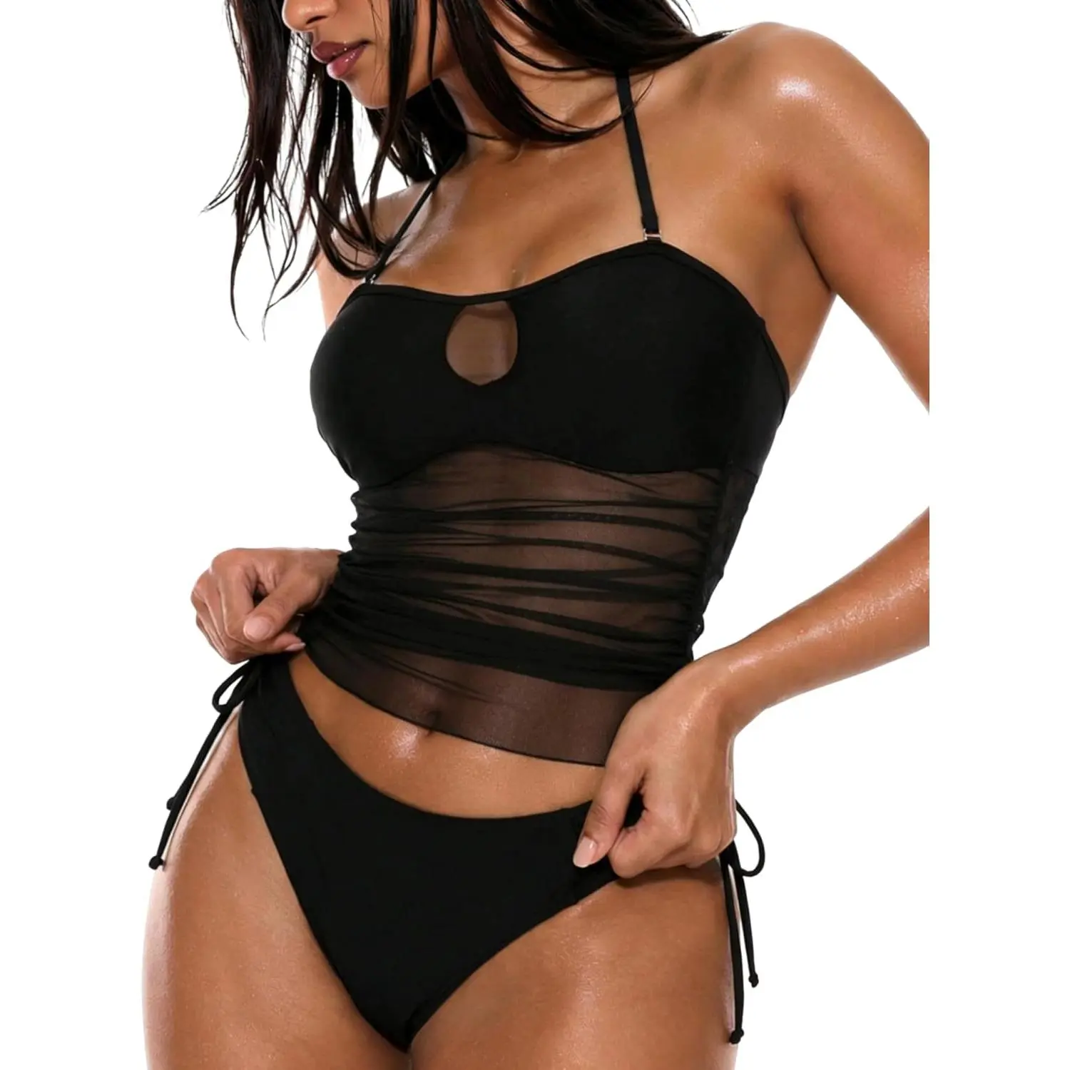 Women's Halter-Neck Tankini Set, 2-Piece Tummy Control Bathing Suit with Side Drawstrings and Mesh Cutouts, Halter-Neck Bikinis Set, Tankini Bikinis Set