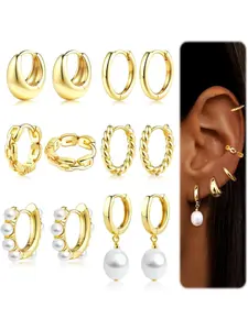6 Pairs 14K Gold Plated Hoop Earrings for Women Trendy Chunky Hoop Earrings Stack Multipack Huggie Hoops Pearl Chain Dangle 14K Gold Plated Hoop Earrings Set