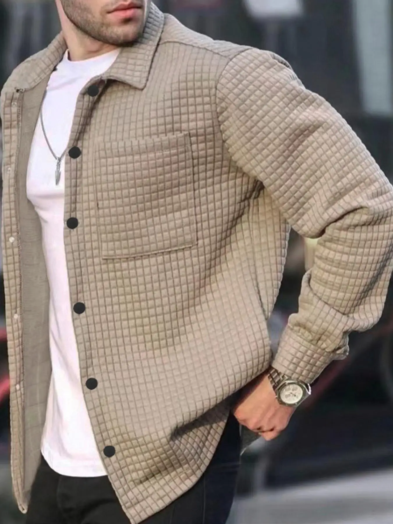 Men's Plain Waffle Knit Pocket Button Front Shirt, Regular Fit Fashion Casual Long Sleeve Collared Top for Fall, Streetwear, Shirts for Men, Men's Clo