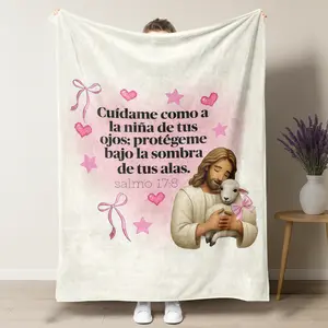 Spanish Psalm 17:8 Christian Fleece Blanket – Cuídame Como La Niña De Tus Ojos Quote with Jesus & Lamb, Ultra Soft Throw for Faithful Comfort & Devotion