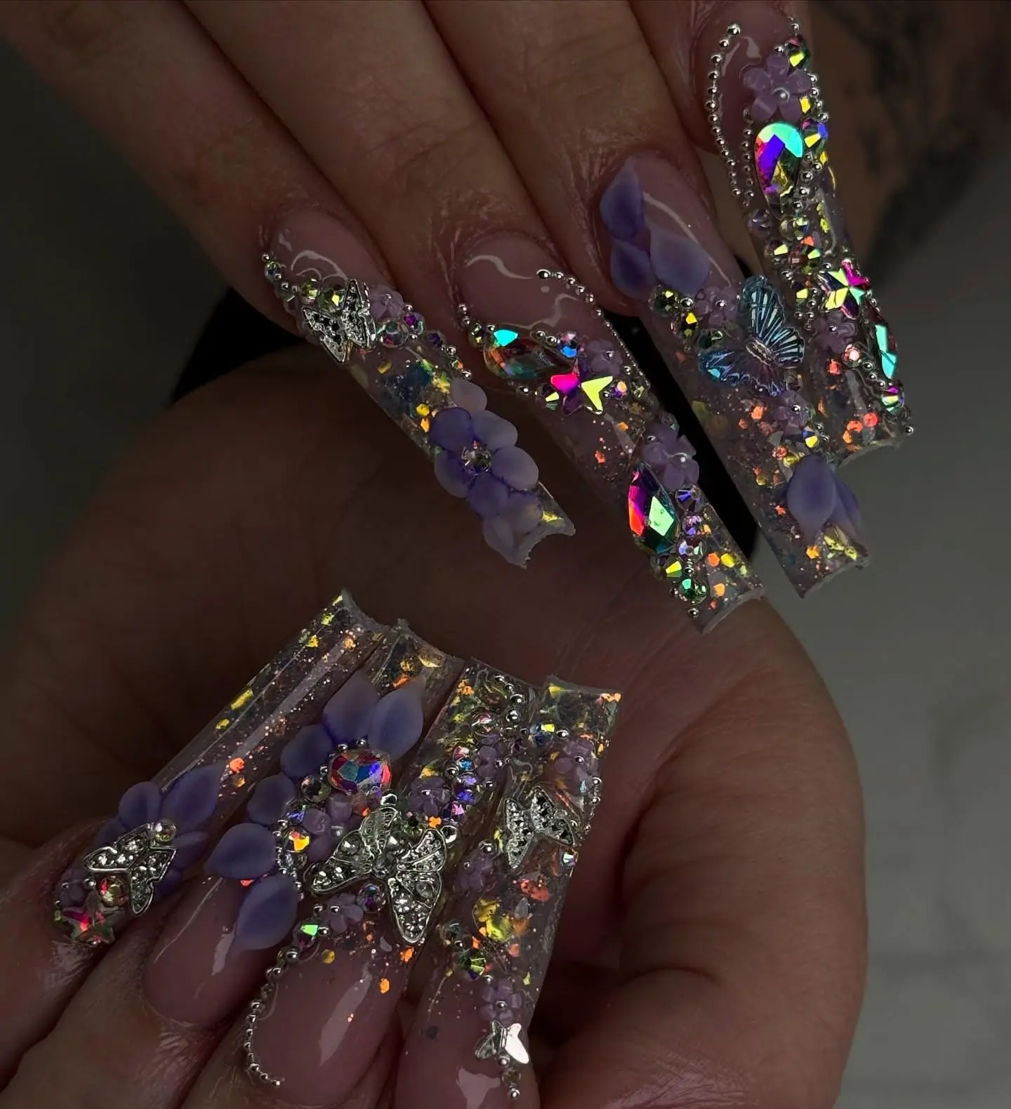 Purple Floral Press On Nails | Ombre Coffin Fake Nails | Luxury 3D Flower Butterfly Rhinestone | Y2K Nails | Photoshoot Editorial styling