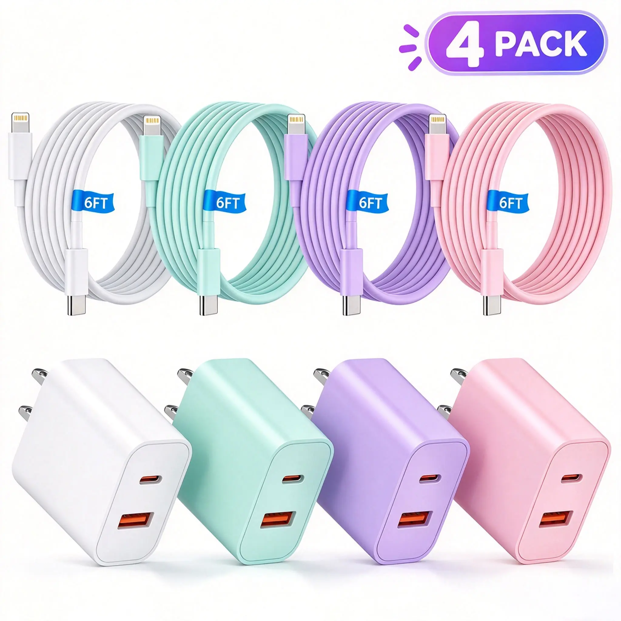 4-Pack 20W USB C Fast Charger for iPhone 14 13 12 Pro Max, 4 Color Wall Charger Blocks with 6FT USB C to Lightning Cables, PD Fast Charging Power Adapter for iPhone 11 XS XR X 8 Plus SE, iPad, AirPods