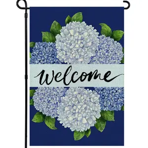Welcome Blue Hydrangea Garden Flag 12x18 Inch, Double Sided Floral Outdoor Decor, Seasonal Burlap Yard Flag for Home (Flag Stand Not Included)