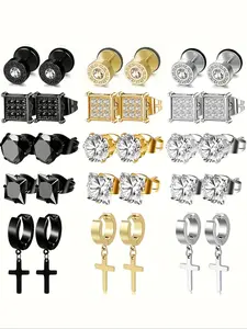 Fashionable Geometric & Cross Design Earrings Set, Gifts for Girlfriend, Artificial Zircon Decor Ear Piercing Jewelry, Stainless Steel Cartilage Earrings for Women & Men, Ear Studs, Exquisite Body Jewelry for Birthday Gift, Fashionable Jewelry Accessories