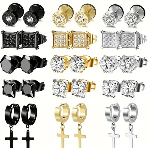 Geometric and Cross Design Earrings Set, Earring Pack, Hypoallergenic Stainless Steel Cartilage Stud Earrings with Artificial Zircon for Women and Men, Earrings Studs, Gift Jewelry