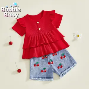 Baby Girl Solid Cherry 2-Piece Summer Outfit - Fashionable Red Ribbed Ruffle Sleeve Top, Cherry Embroidered Denim Shorts, Fruit-Themed Toddler Photo Shoot Gift Set