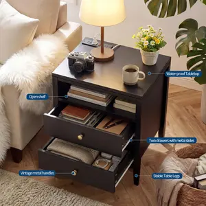 Farmhouse Nightstand Set of 2, Night Stand with Charger Station, Wood Night Stand with 2 Drawers & Open Shelf, Mid Century Modern Nightstand, Black Nightstand for Bedroom, Office, Living Room