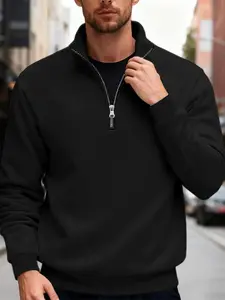 Men's casual round neck half zip sweatshirt with wool lining for warmth and a quarter zip design, long sleeved pullover for spring and summer