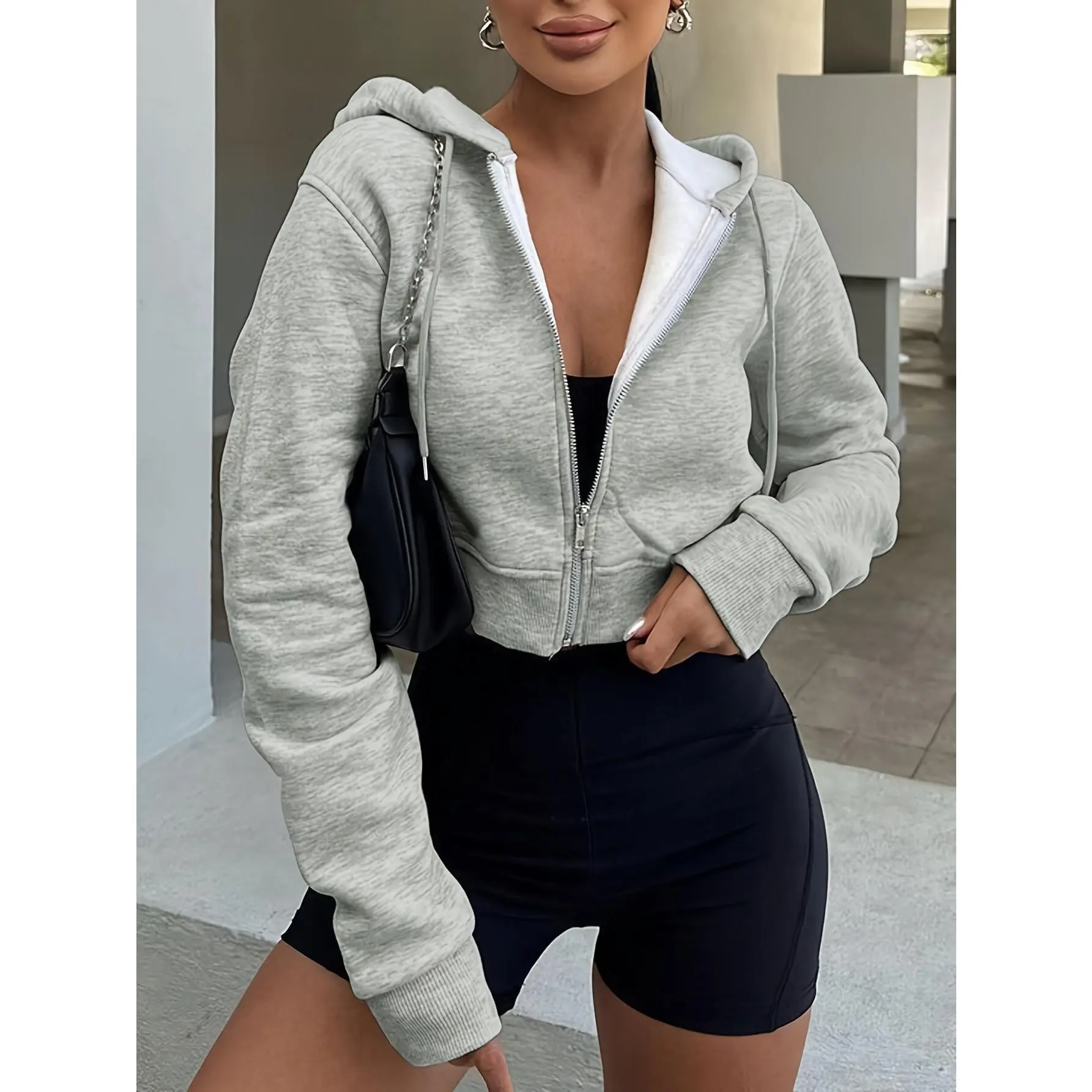 Women's Basic Solid Casual Knit Long-Sleeve Polyester Zip-Up Hoodie Crop Top - Light Gray, Ribbed Hem, Machine Washable for Fall-Winter Sweatshirts