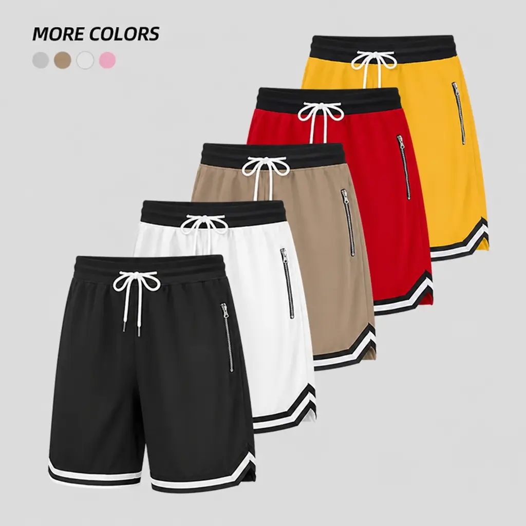 Men’s casual fitness shorts made from breathable polyester fabric, featuring zippered pockets; suitable for running, physical training, and workouts. Men’s apparel.