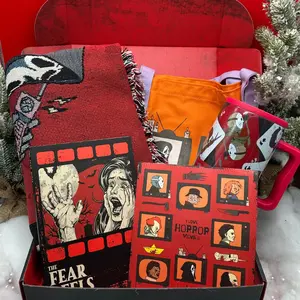The Ultimate Horror Gift Bundle for Creepmas with Movie Logbook Tote Tumbler Throw Blanket & Sticker Sheet