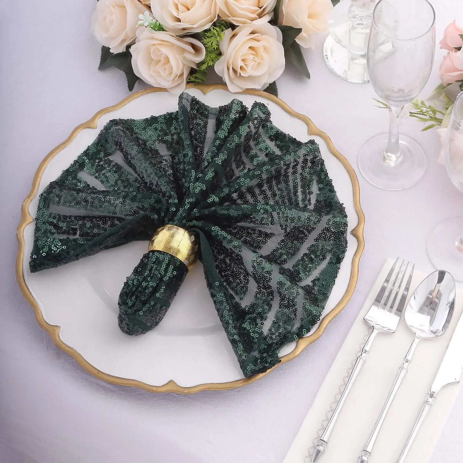 Reusable Geometric Diamond Shape Sequin Dinner Napkins, 20in x 20in Hunter Emerald Green - Festive Home & Wedding Event Tableware