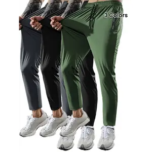 Men's High-Elasticity Cropped Joggers with Zipper Pockets & Drawstring Waist - Olive Green, Stretchy Polyester Blend, Ideal for Gym & Daily Wear