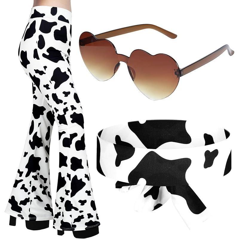 3 Pcs 60s 70s Outfit for Women Hippie Costume Set Disco Flared Pants Groovy Outfit Party Accessories Clothes Womenswear Dress Floral Headband Matching