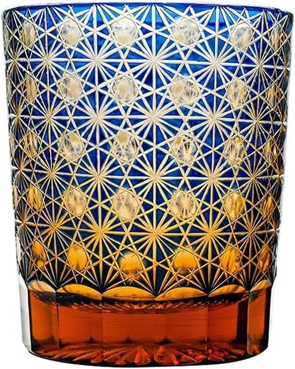Edo Kiriko Artisan Hand-Cut 8.5oz Whiskey Glass | Starburst Geometric Cobalt Blue Tumbler with Gift Box | For Whiskey & Cocktails | Premium Gift for Men