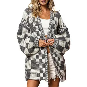 Women's Cardigan Sweater Vintage Open Front Mixed Checkered Pattern Chunky Knit Plaid Long Sleeve Daily Outwear