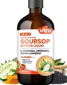 VEV Soursop Bitters Liquid, Graviola Extract Sugar-Free Formula, 20 IN 1, with Black Seed, Moringa & Oregano, Digestive Health & Immune Function, Stress Relief, Sleep Support, Vegan -16 oz