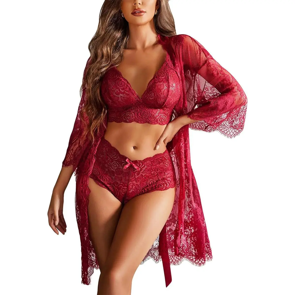 Avidlove Women Hot Lingerie Set 3 Piece Bra and Panty Sets with Lace Kimono Robe Sleepwear Mesh Nightgown