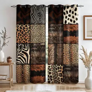 Patchwork Animal Print Curtains, Zebra Leopard Giraffe Print Patchwork Blackout Curtains, Wild Style Window Drapes for Living Room Bedroom Home Decor, 2 Panels Set
