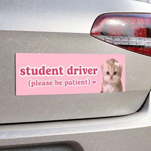Student driver please be patient, Cat Meme Car Bumper MAGNET,Funny, Cute Pink Kawaii Coquette Car Decal Accessory, Car Vinyl Magnet