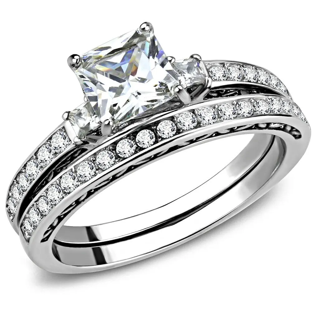 Lanyjewelry Women's 2-Piece Hypoallergic Stainless Steel Bridal Princess Ring Set - 6x6mm Square Cubic Zirconia Solitaire Center, Luxury Non-Tarnish Engagement Cubic Zirconia Rings, Princess Rings