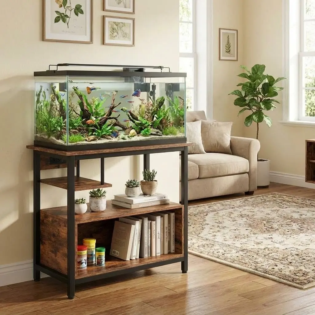 Garvee - Stand for 40 to 50 gallon fish tanks with power outlets, sturdy metal and wood aquarium stand with 4-level open storage shelves and strong legs