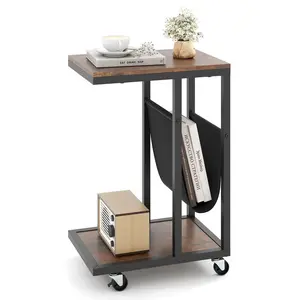 Costway 1 PCS C-shaped Side Table 2-tier Sofa Couch Table with Canvas Storage Pouch Brown