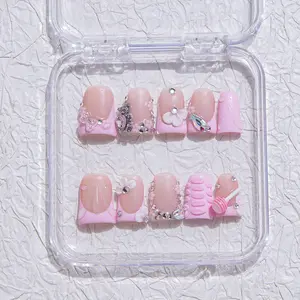 Iridescenal 10pcs The Duck press on nails,Y2K style, 100% handmade，reusable ,Pink nails, nude color, paired with woolen powder, lollipop, 3D, carved, white rhinestones，suitable for daily wear and matching, and also the best gift for girls and ladies