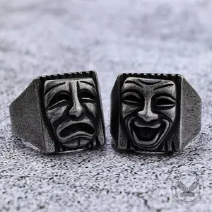 GTHIC Punk Skull Face Expression Square Stainless Steel Ring Gothic Jewelry Accessories for Party Daily Wear