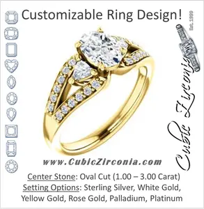 Cubic Zirconia Engagement Ring- The Karen (Customizable Enhanced 3-stone Design with Oval Cut Center, Dual Trillion Accents and Wide Pavé-Split Band)