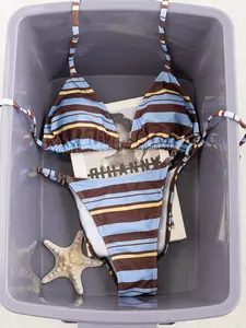 Two-Piece Women's Swimsuit Bikini Set, Blue Striped Colorful Fashion Sexy Drawstring Backless Low Waist, Perfect for Beach Pool Party Travel Photo