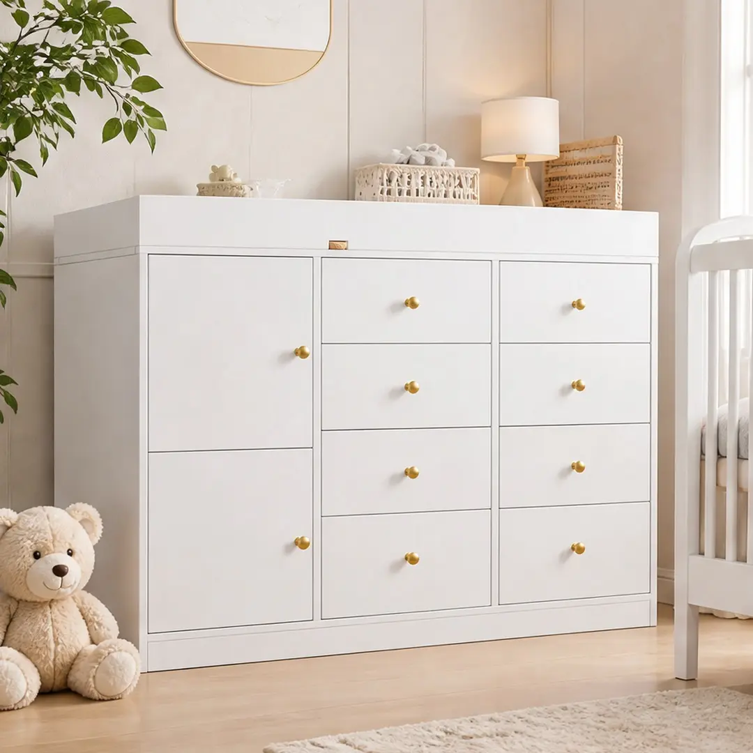 ARCH White MDF Baby Nursery Dresser with 8 Drawers and 2 Cabinets, Multi-Functional Changing Table, Diaper Station, Chest of Drawers for Children's Room, 43.3"L x 15.7"W x 38.7"H, Easy Assembly, White Color Options, MDF Material, Color: White