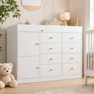 ARCH White MDF Baby Nursery Dresser with 8 Drawers and 2 Cabinets, Multi-Functional Changing Table, Diaper Station, Chest of Drawers for Children's Room, 43.3"L x 15.7"W x 38.7"H, Easy Assembly, White Color Options, MDF Material, Color: White