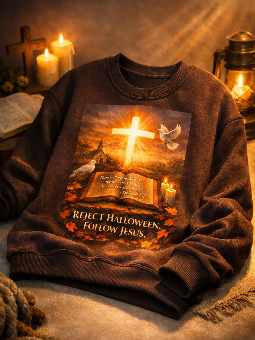 Christian Cross Sweatshirt - "Reject Halloween • Follow Jesus" Religious Crewneck Light Womenswear