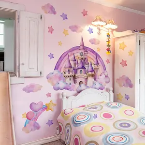 Rainbow Castle Wall Stickers Set, Self-Adhesive Decorative Decals for Living Room & Girls Bedroom, Creative Background Decoration, Wall Art Stickers
