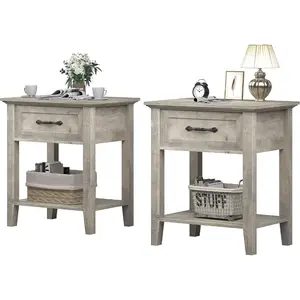 2PCS Nightstand, Bedside Table End Table for Bedroom Nursery Living Room, End Table with Storage Drawer, Easy Assembly, 2pcs-Grey
