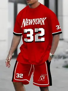 Men's 3D New York letter 32 pattern print casual fashion suit, summer sporty crew neck short-sleeved Fitted top and drawstring shorts two-piece set, suitable for outdoor street wear.