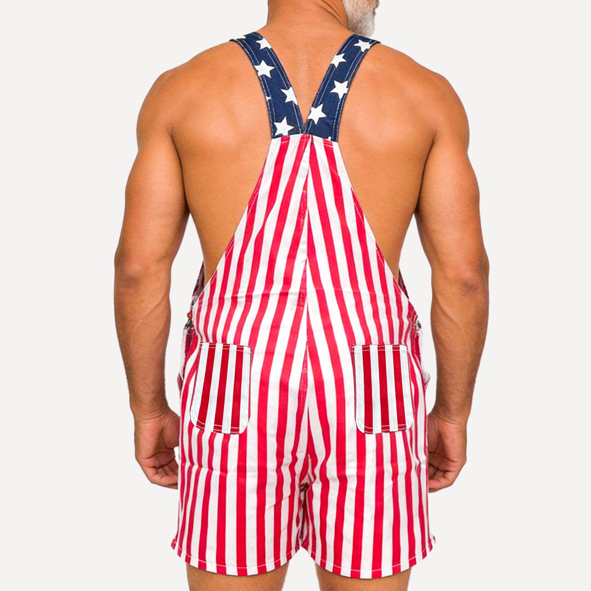 Unisex Stretchy Denim Overall Shorts, Classic Stars andStripes American Flag Pattern, Front Pocket Designed toHold Sunglasses, 250th Anniversary of America Romper,Stretchy 4th of July Jumpsuit, Father's Day Gift, BeachVacation Outfit