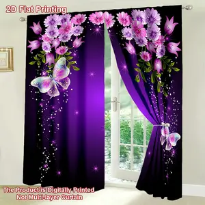 2-Piece Room Curtain Set, Flower Butterfly Print, Lightweight Breathable Decorative Curtains, Comfortable Bedroom Office Kitchen Living Room, Home Decoration Curtain, Window Curtain, Home Textile