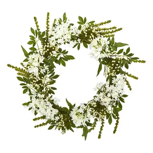 24" White Mixed Floral Artificial Wreath by Nearly Natural