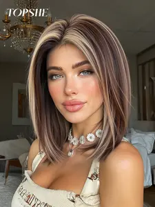 Topshe 13x6 HD Lace Front Wig, 12 Inch Shoulder Length Highlights Straight Hair, Natural Comfortable Daily Wear, Glueless Bob Wig